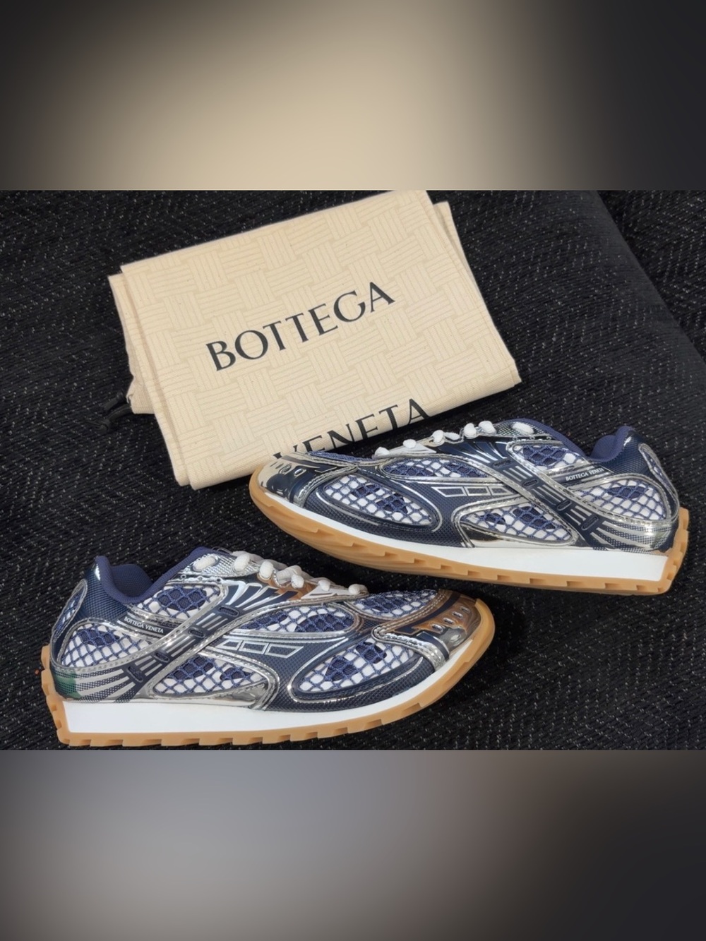 Bottega Veneta Men’s Navy, Silver & Gum Lace-Up Sneakers